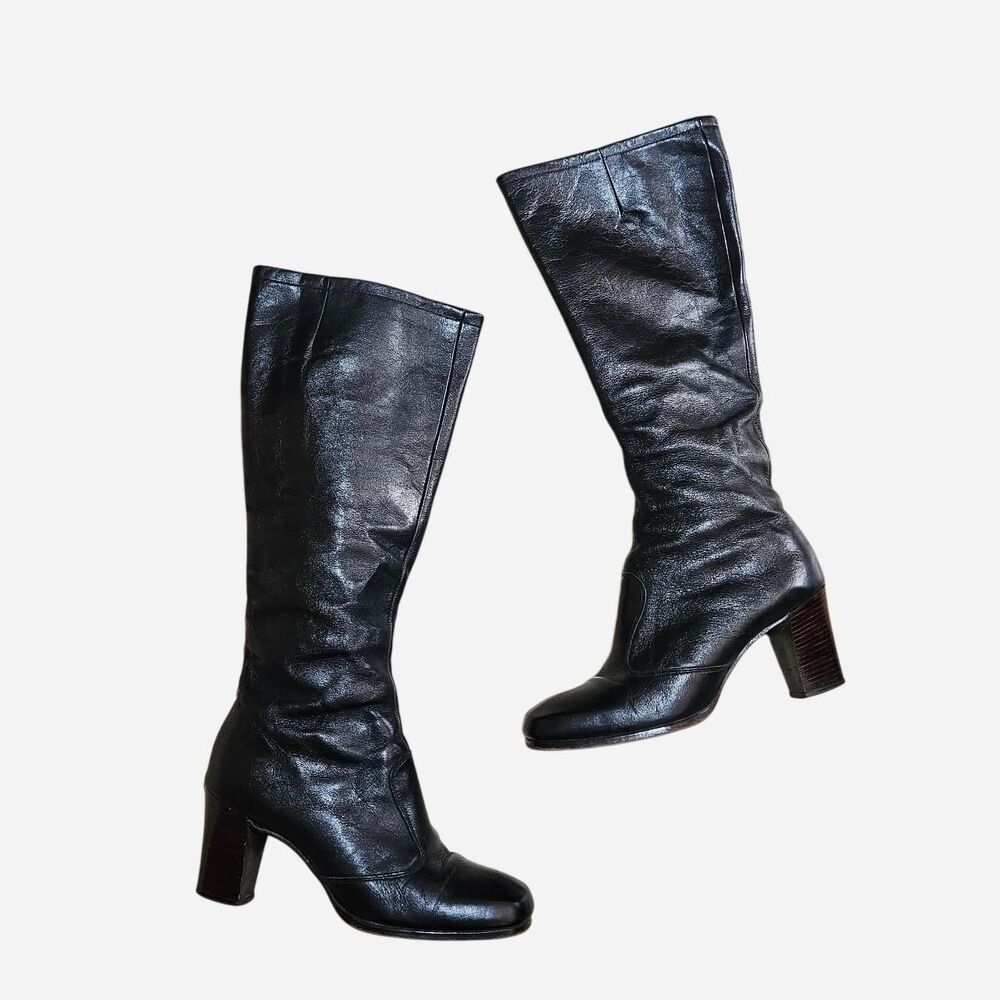 70s boho whimsigoth tall black leather gogo boots